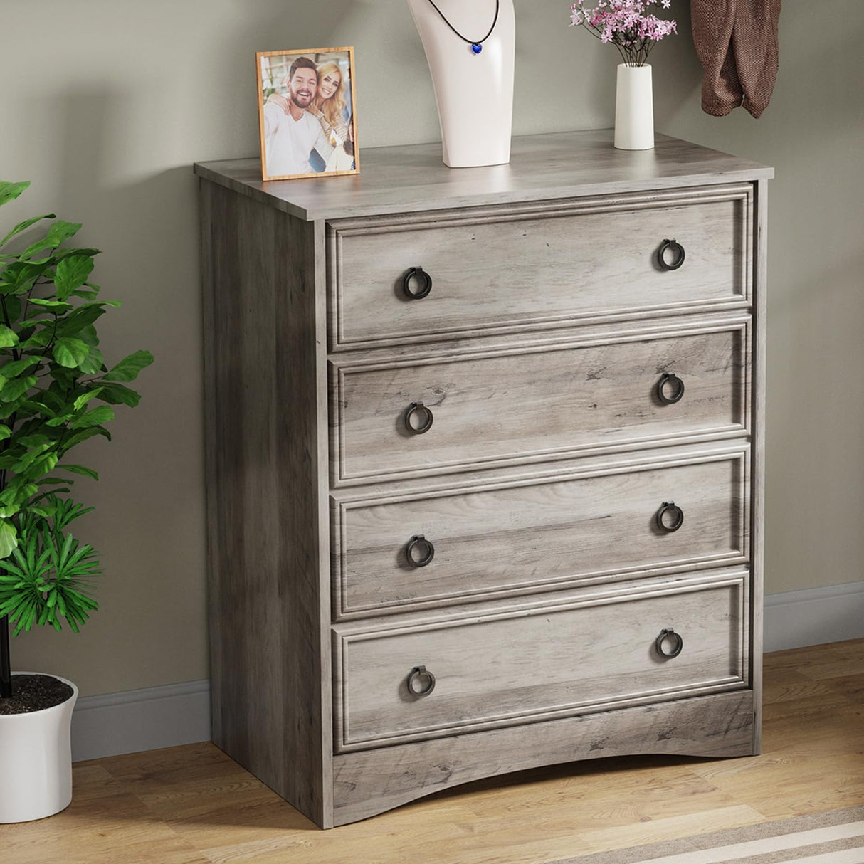 Tall Grey Dresser for Bedroom, 4 Drawer Wood Dresser