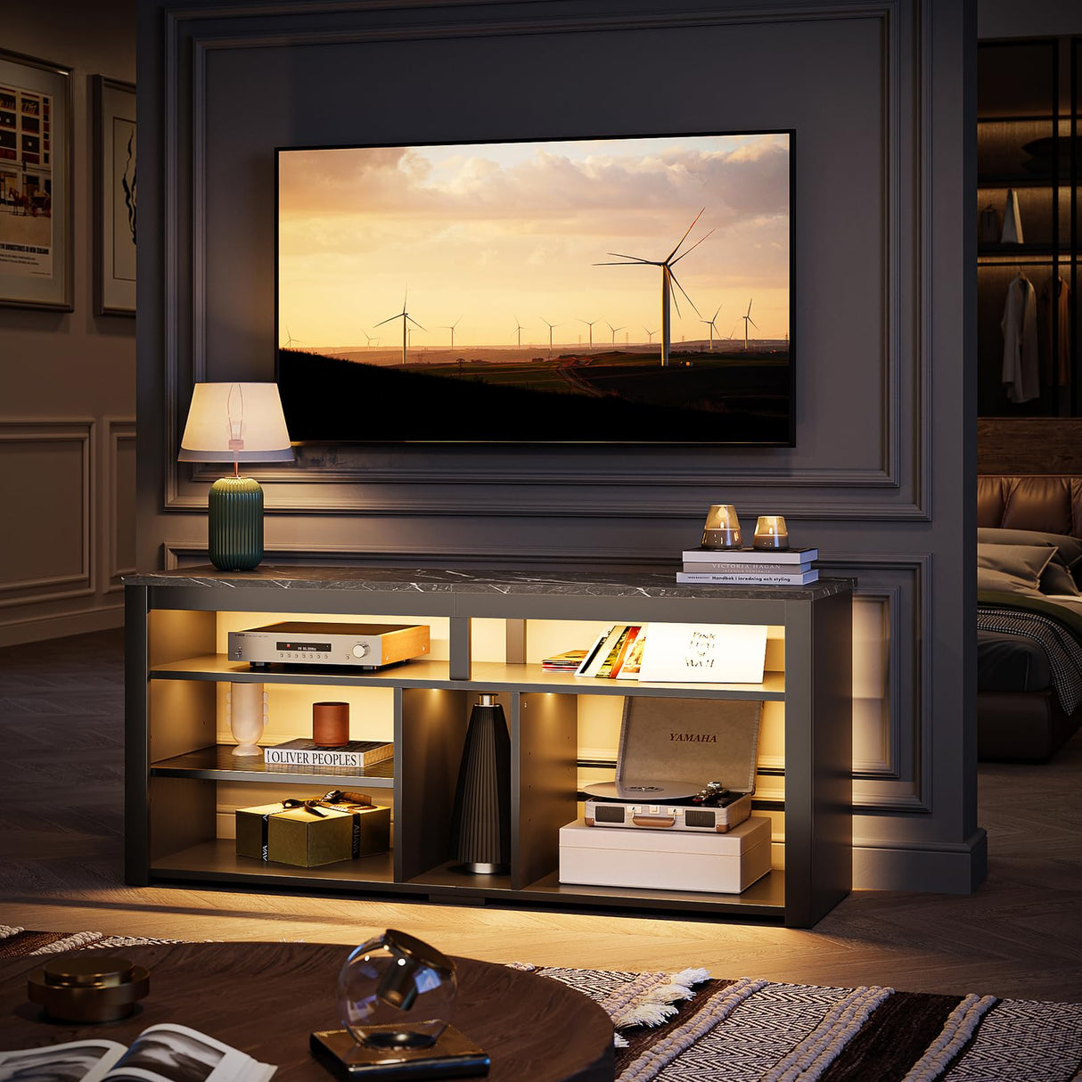 LED Tall Entertainment Center, 55/60/65 inch TV Stand with Storage for PS5 Xbox