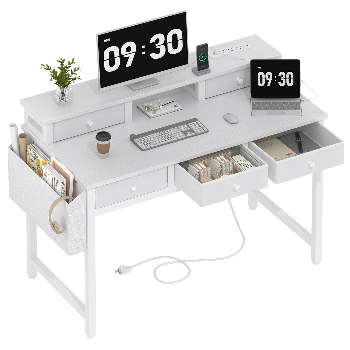 White Computer Desk with Fabric Drawers for Home Office, 40 inch Vanity Makeup Desk