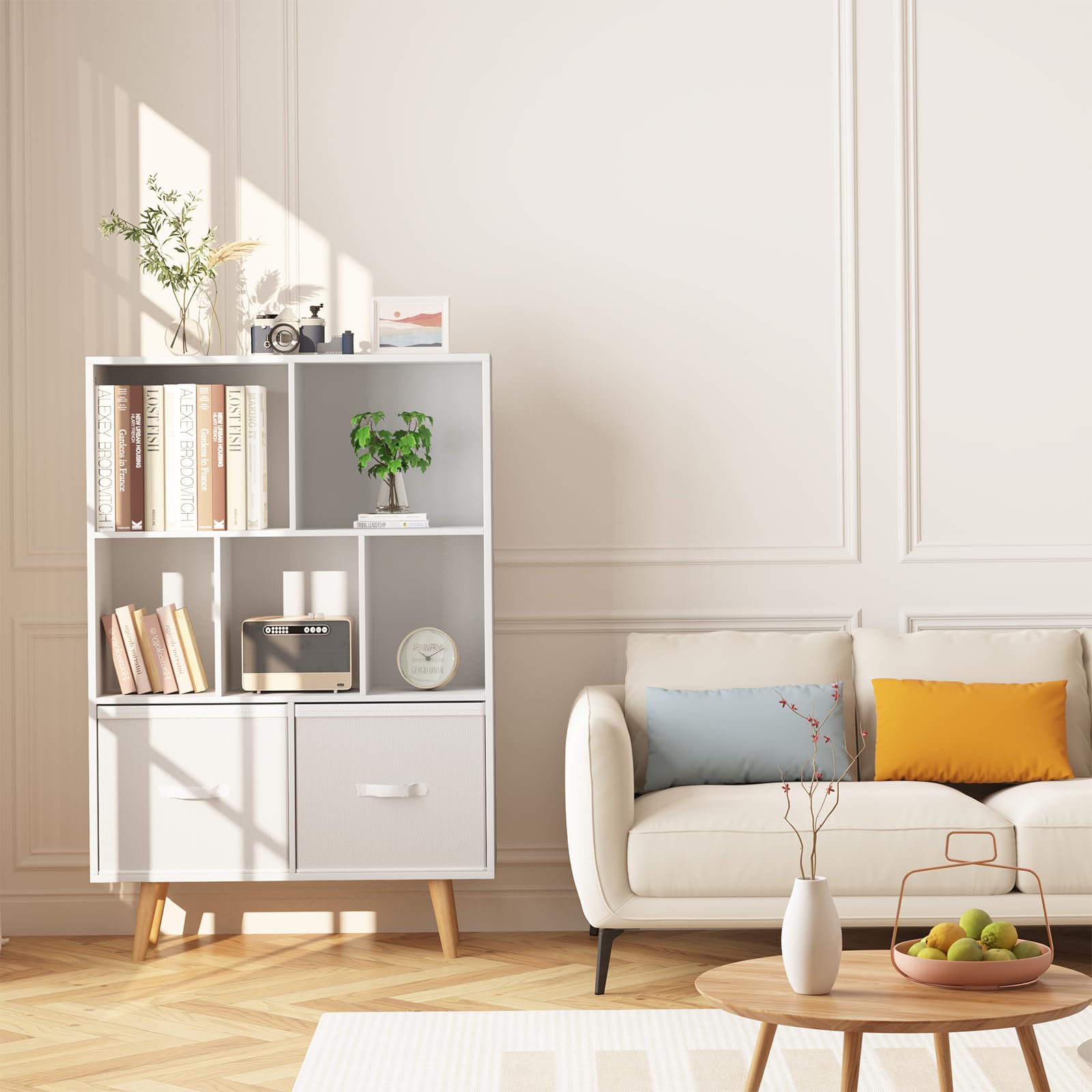 3-Tier Mid-Century Modern Wood Bookcase,White Minimalist 7-Cube Bookshelf