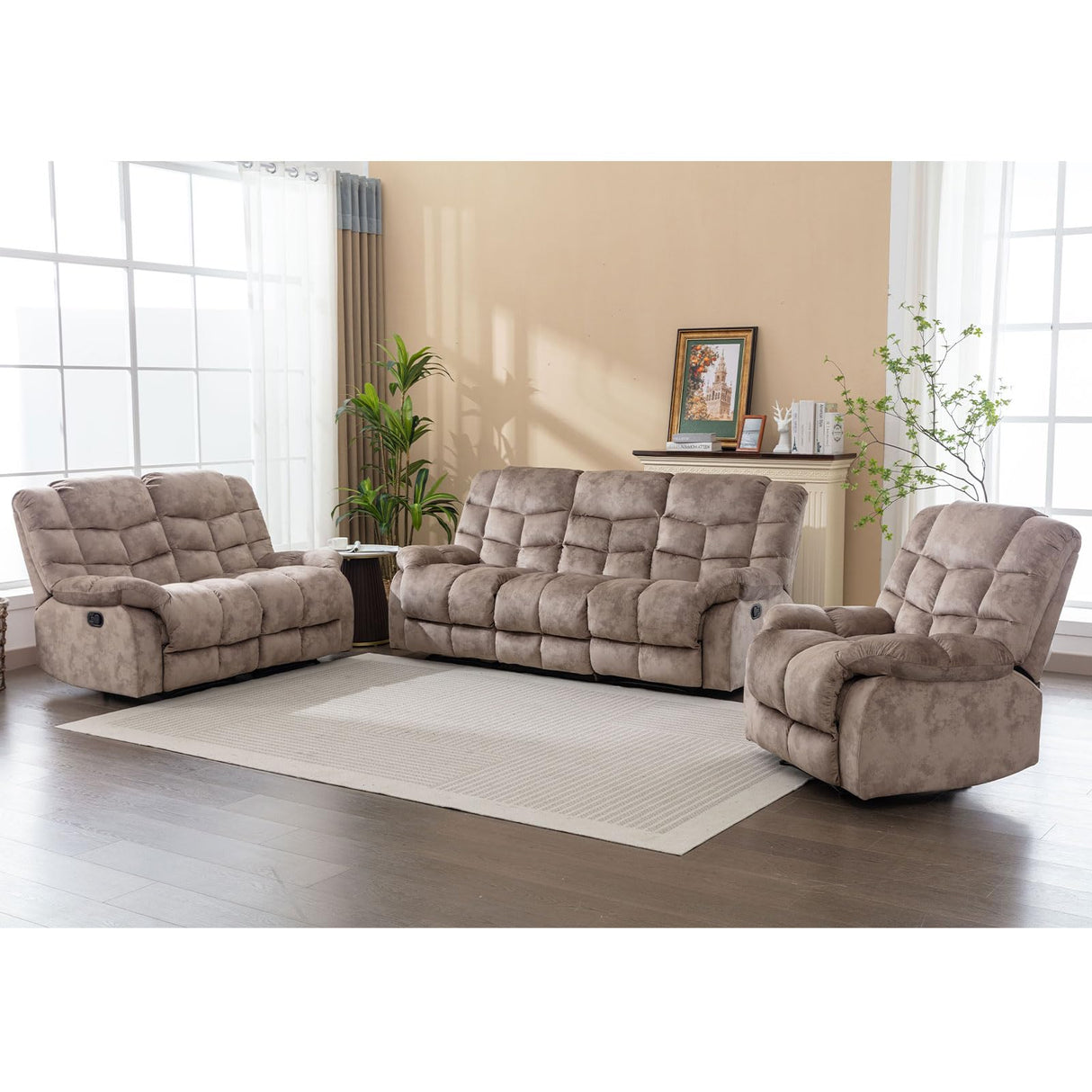 Manual Recliner Sofa Set, Soft Fabric Reclining Living Room Set