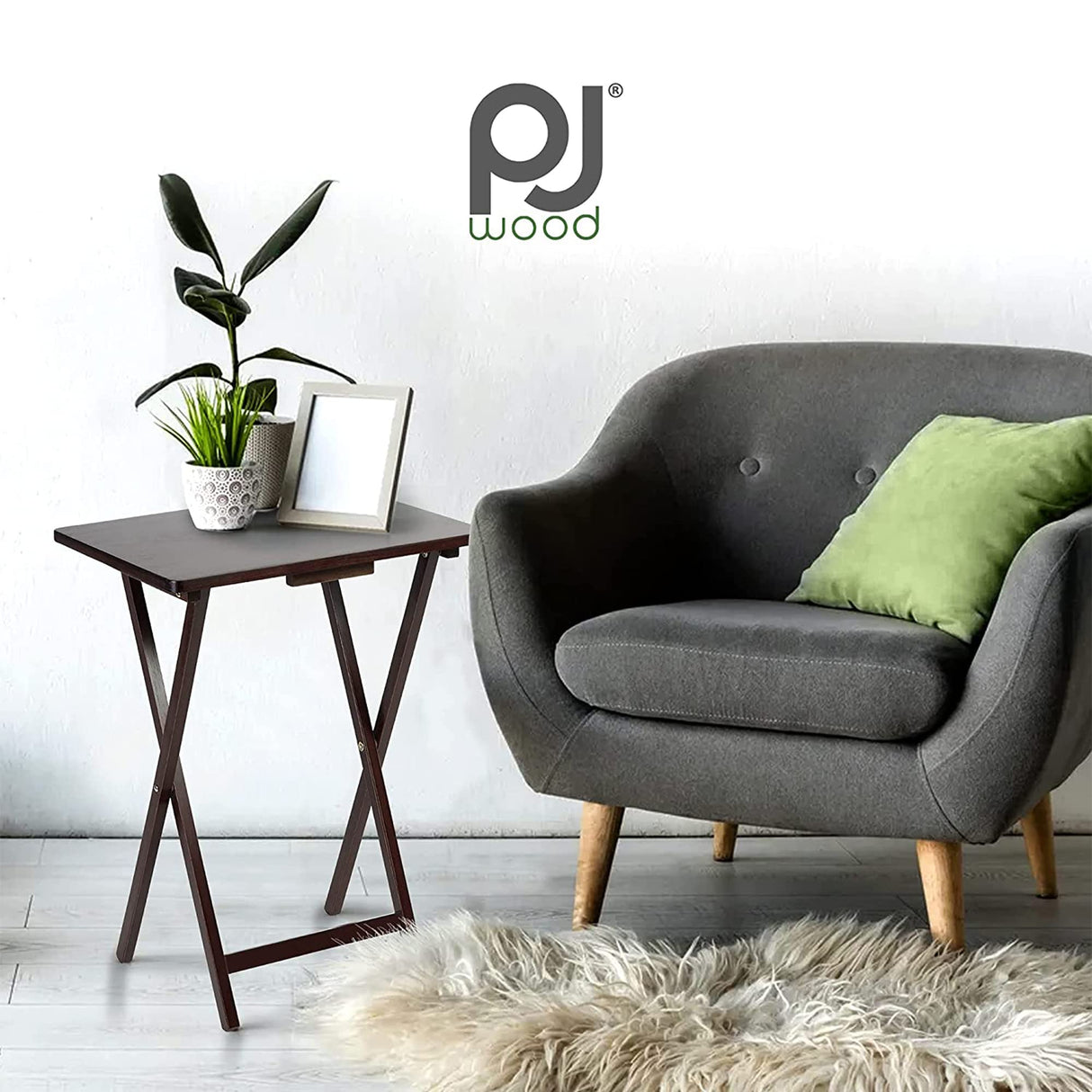 5 Piece Set, 4 Folding Wooden TV Tray Snack Tables with Storage Rack, Espresso