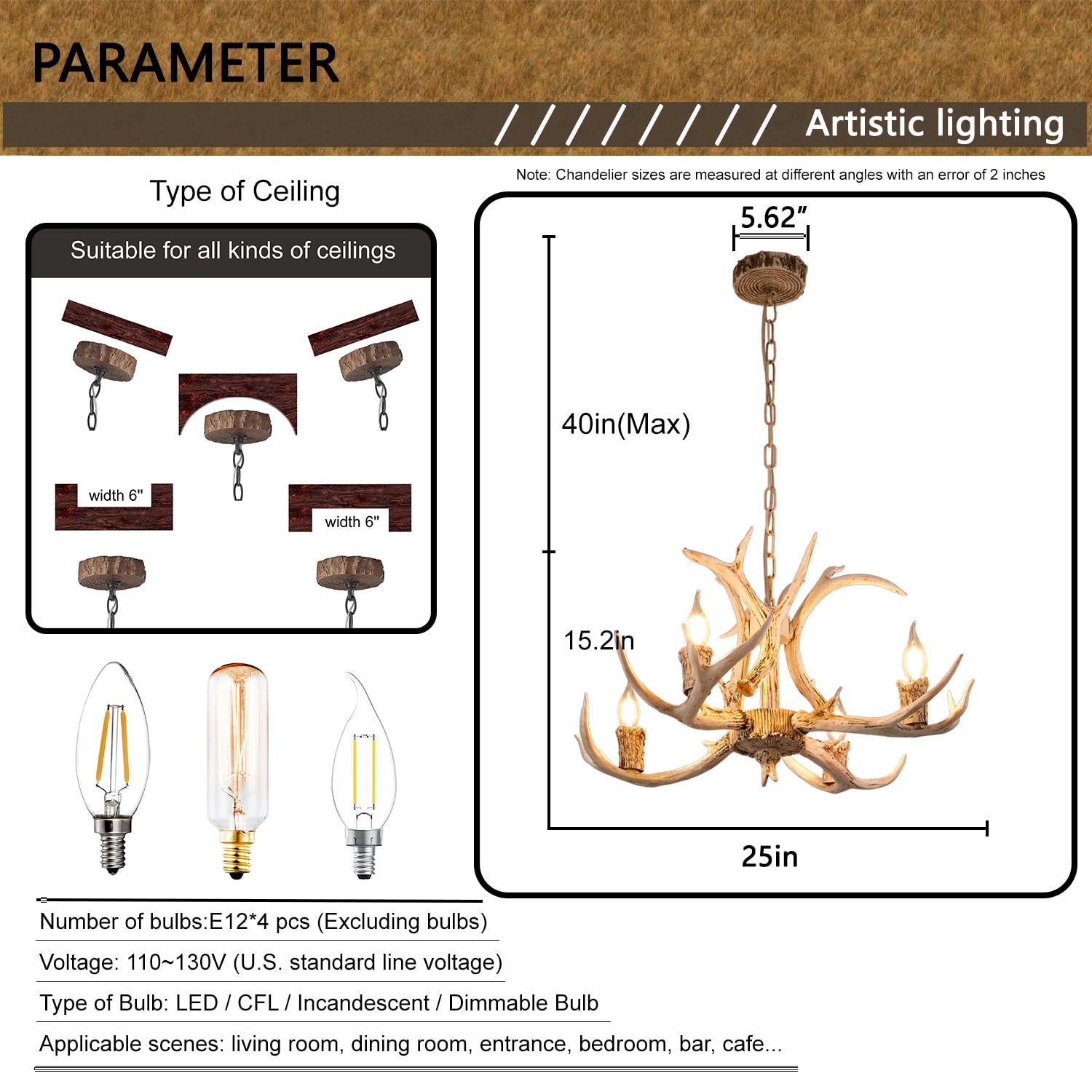 Vimatto Rustic Antler Chandelier 4-Light 25inch Old White Farmhouse Art Deco Antler Light Fixture for Dining Room, Kitchen Island & Living Room(White 4 Lights)
