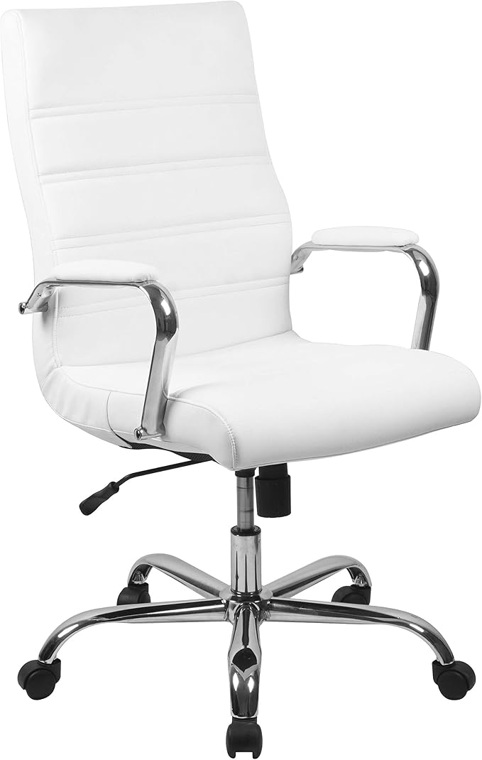 -Back Swivel LeatherSoft Desk Chair with Padded Seat and Armrests, Adjustable Height Padded Office Chair, White/Chrome