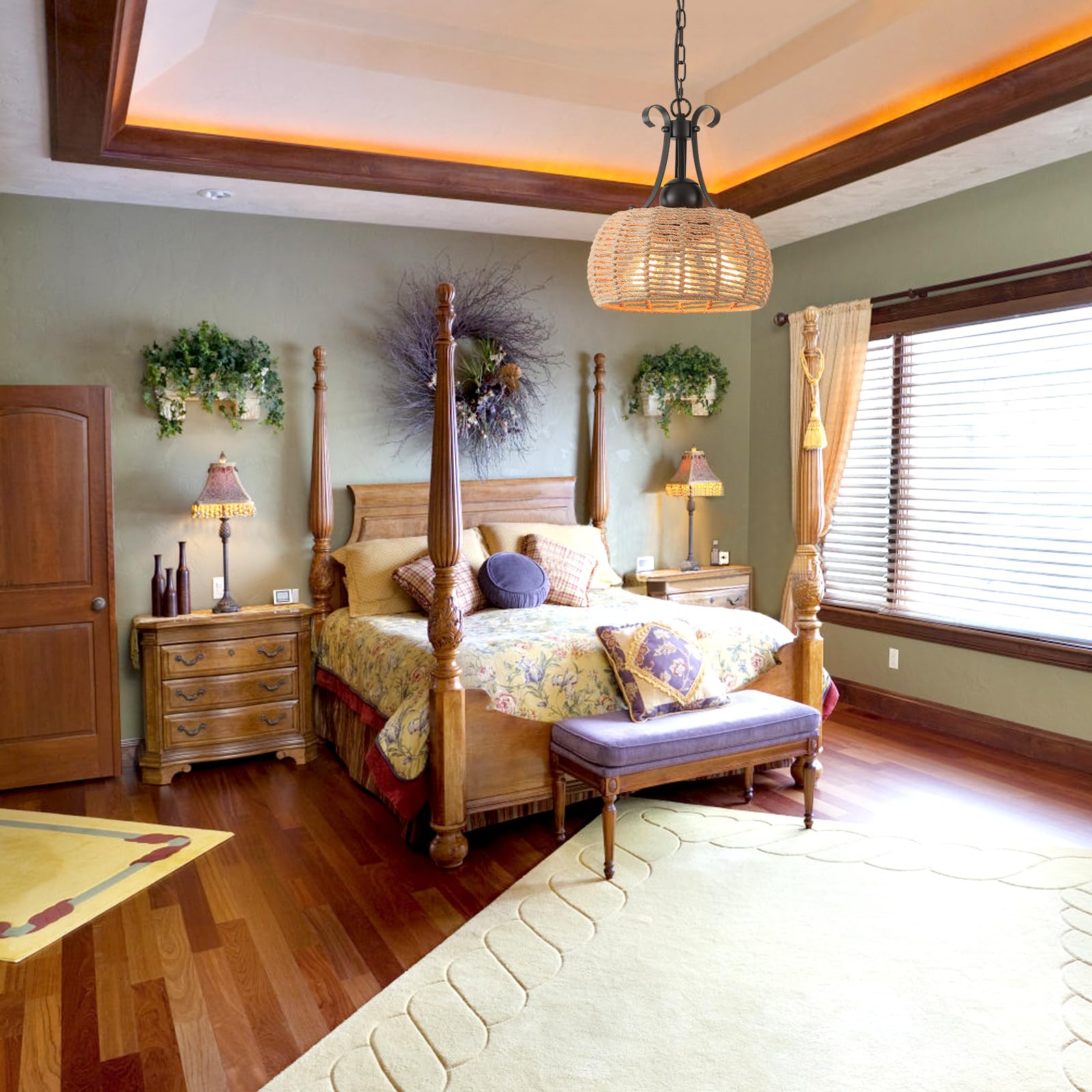 ZSYSZM 12.6”Boho Large Light Fixture,3-Lights Farmhouse Chandelier for Dining Room,Coastal Wicker Chandeliers,Rattan Pendant Light Kitchen Island,Rustic Chandelier Over Table,Bedroom,Hallway, Foyer