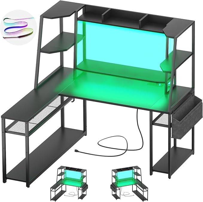 L Shaped Gaming Desk with Hutch - 47" Reversible Computer Desk