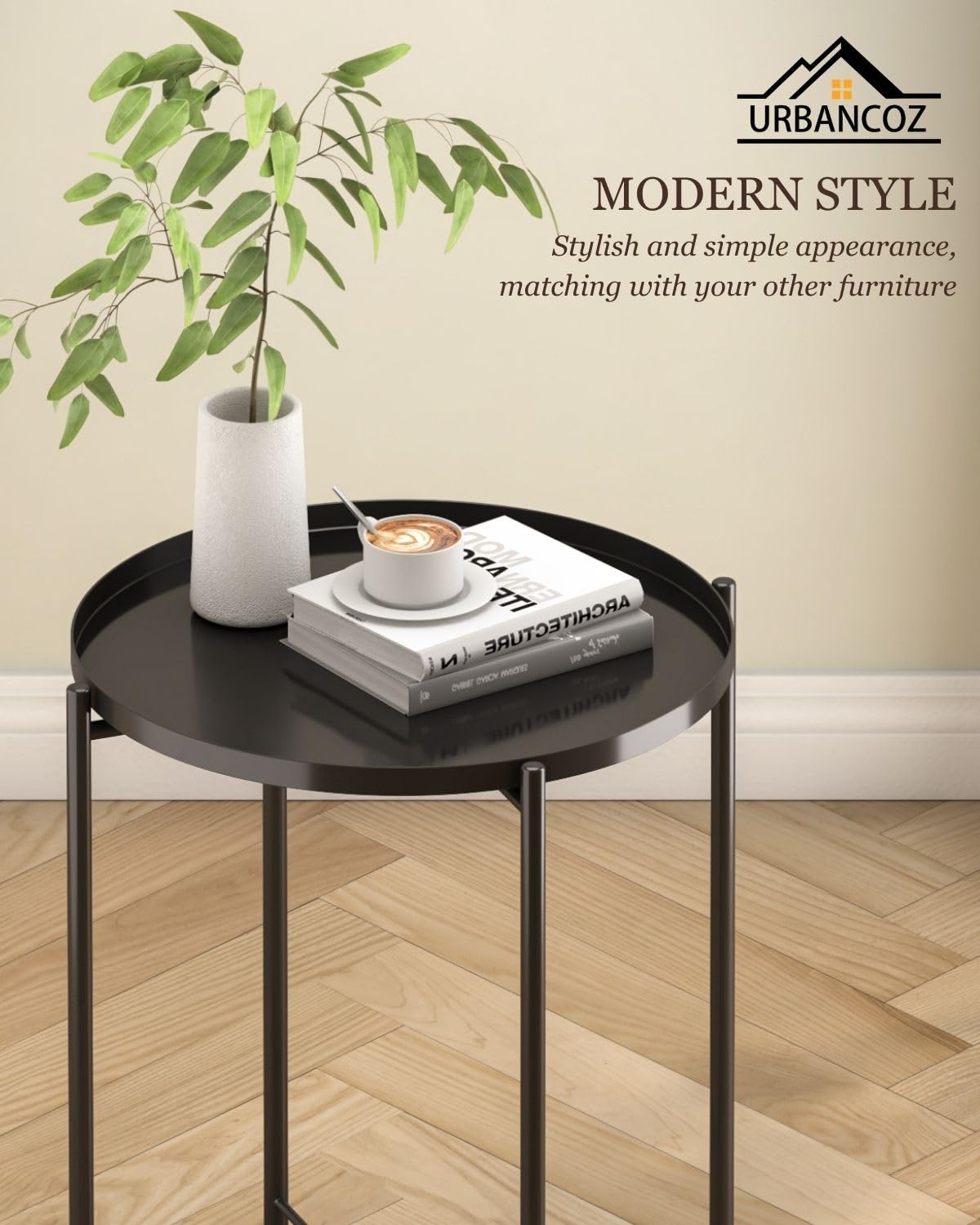 Round Small Side Table, Metal End Table with Removable Tray for Indoor Outdoor