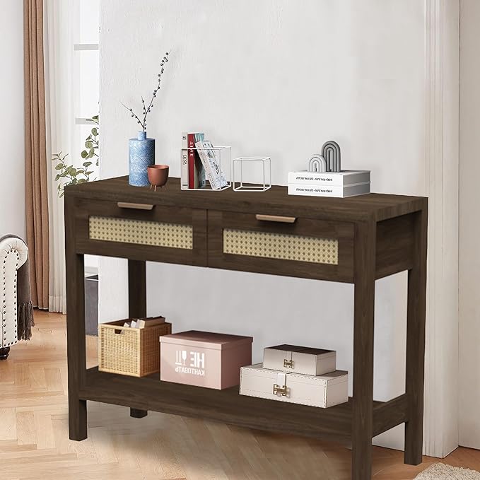 BTDWI Rattan Console Table for Entryway, Boho Narrow Entry Tables with Storage Shelf and 2 Drawers for Living Room, Hallway, Entry, Natural Wood
