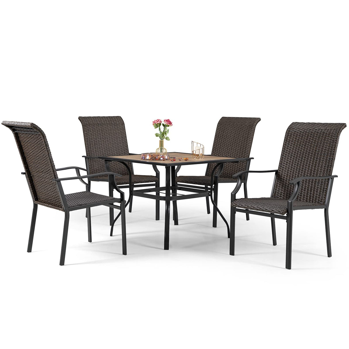 Patio Dining Set 5 Piece Wicker Outdoor Table Furniture Set, 4 High-Back Rattan Backyard Garden Chairs a