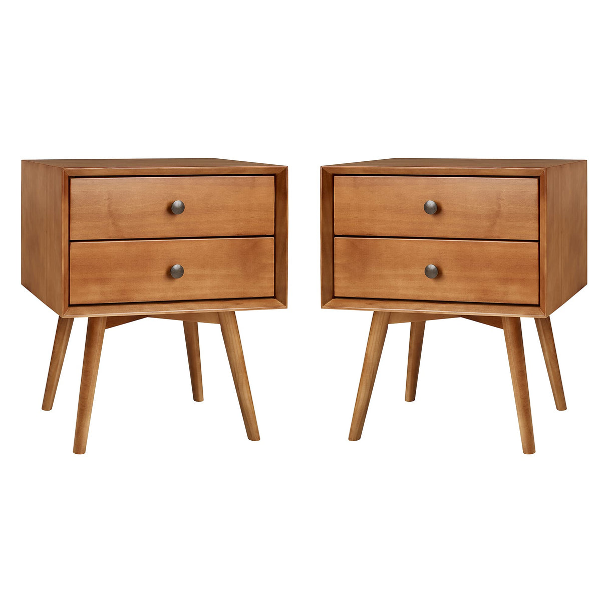 Walker Edison Ella Mid-Century Modern 2-Piece 2-Drawer Solid Wood Nightstand Set, 2 Pack, Caramel