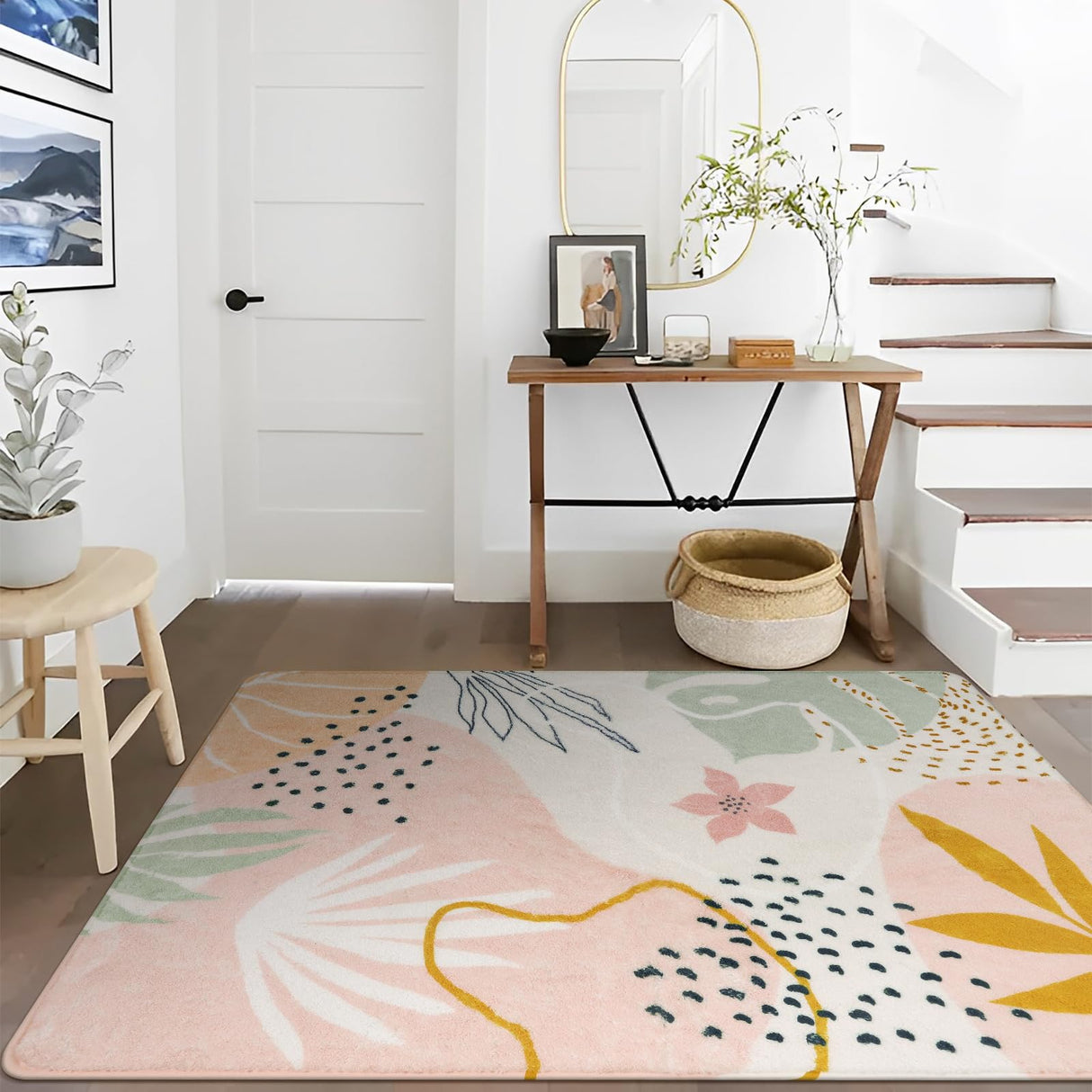 Pink Washable Rugs 8x10 - Non-Slip Backing Large Living Room Carpet Low Pile