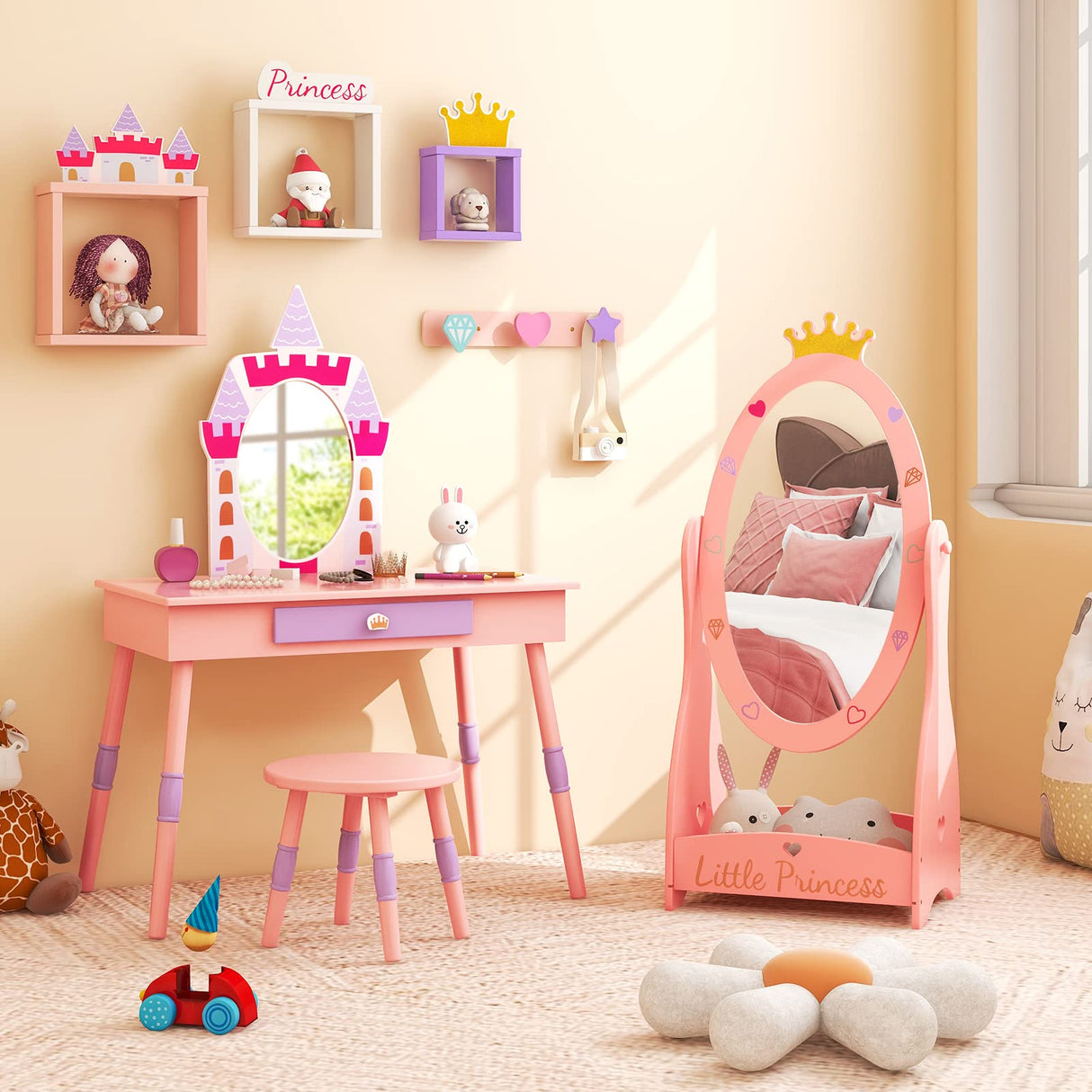 Kids Full Length Mirror, Princess Floor Free Standing Mirror w/Storage Shelf