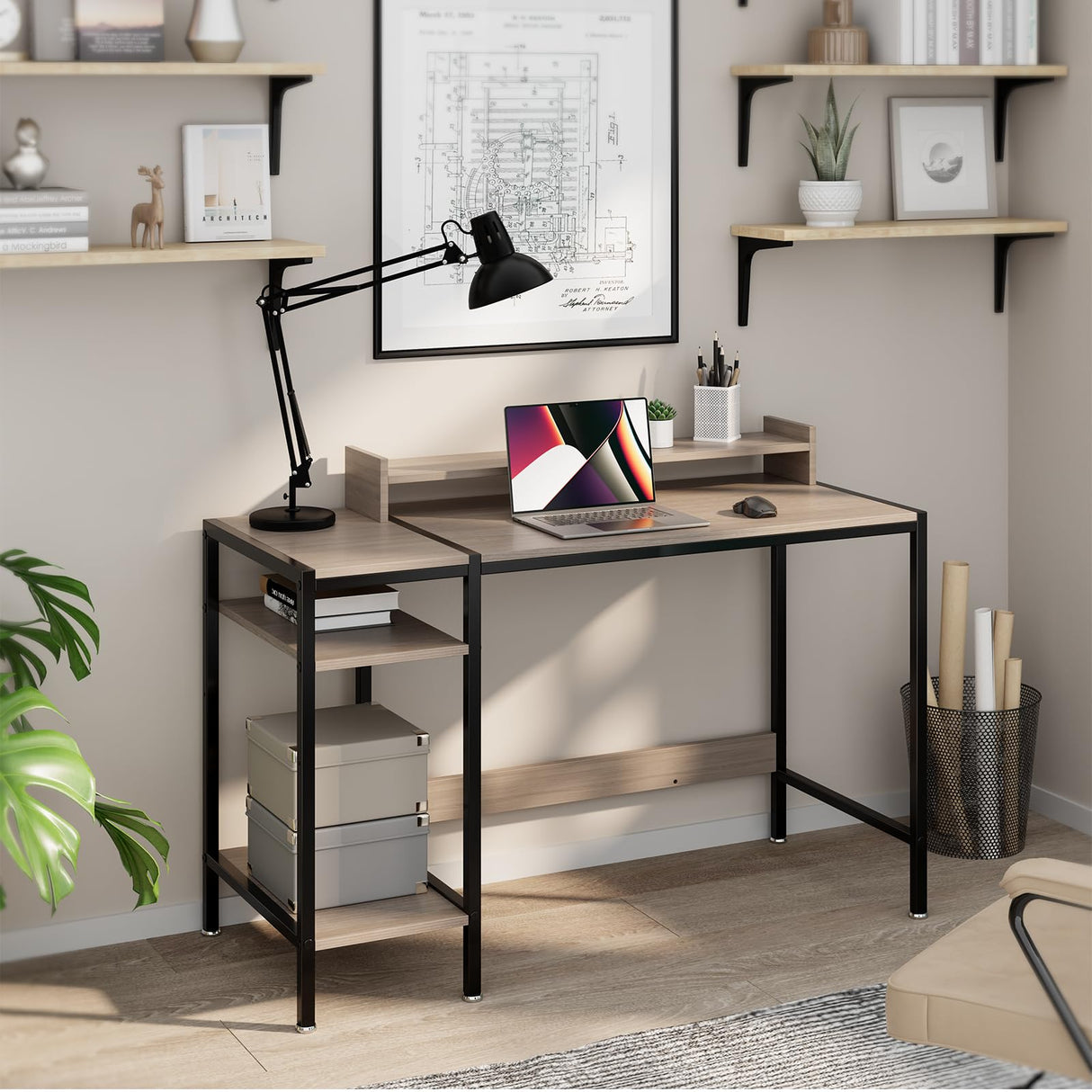 Gaming Home Office Computer Desk with Monitor Stand, Writing Desk for 2 Monitors