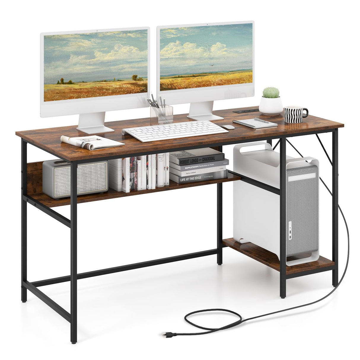 55 Inch Computer Desk with 4 Power Outlets & 2 USB Ports, Home Office Desk