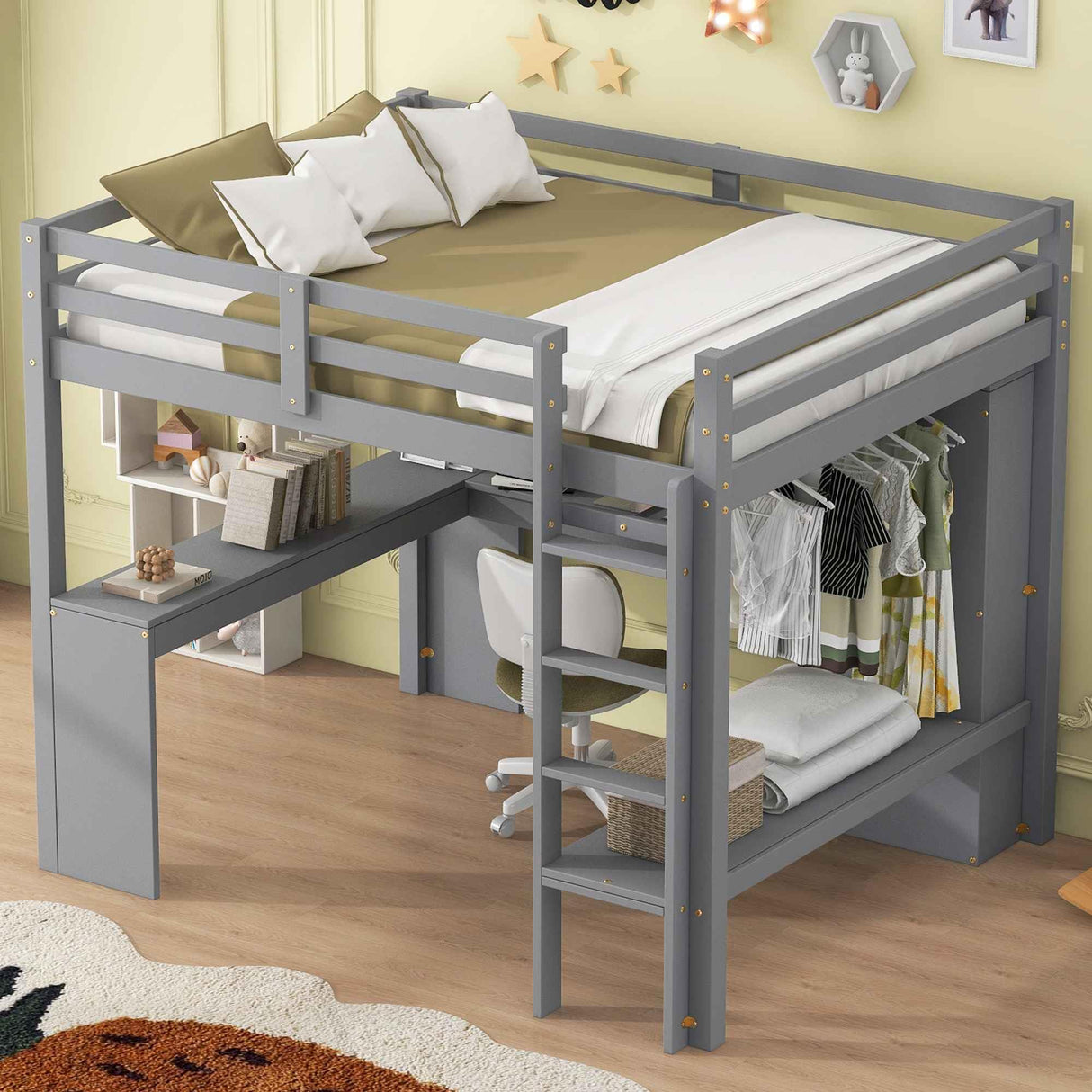 Full Size Loft Bed with Storage Shelves and Hanging Rod, Wooden Highloft Bedframe