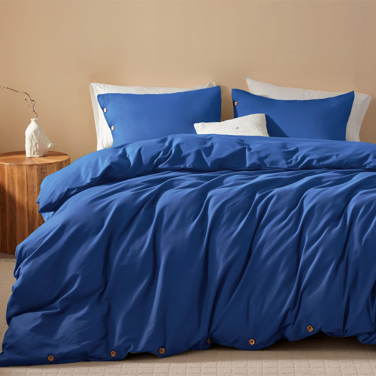 SunStyle Home 100% Cotton Duvet Cover Set Breathable Soft King Navy Blue Duvet Cover 3 Pieces Bedding Set with Buttons Closure Comforter Cover Set (1 Duvet Cover +2 Shams)