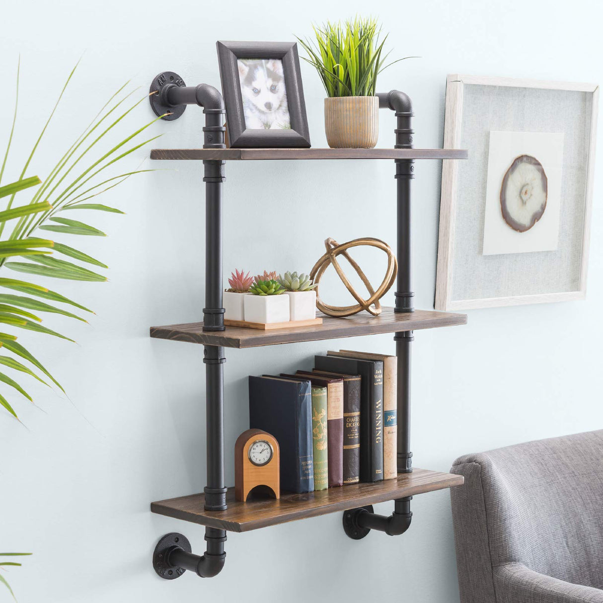 3-Tier Rustic Wooden Wall Floating Shelf Display 24"x36" With Iron Pipe For Kitchen