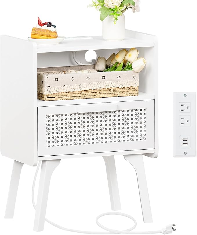 Rattan Nightstands Set of 2 with Charging Station