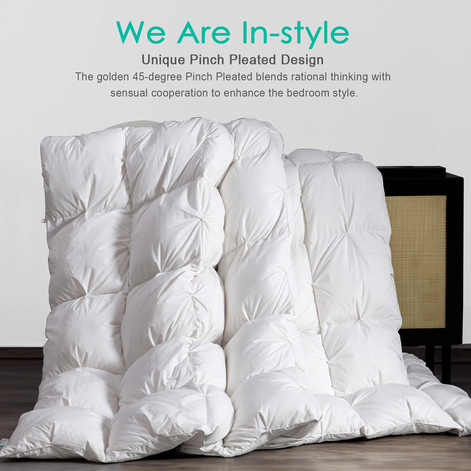 APSMILE Down Comforter Queen Size Pinch Pleat Design - 750 Fill-Power Luxurious Fluffy Duvet Insert - All-Season Medium Warmth Bed Feather Down Comforter with 8 Tabs(90"x90", Solid White)