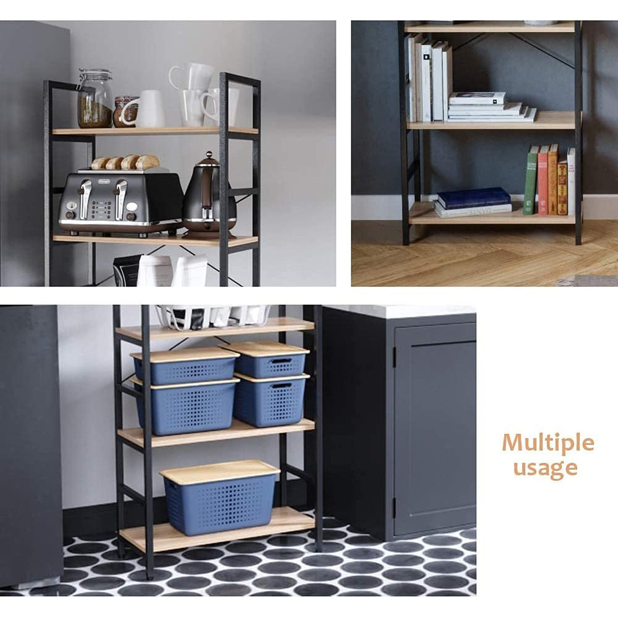 5 Tier 26 Inches Adjustable Multifunctional Standing Display Rack Storage Shelf Organizer for Home, Office, and Kitchen, Oak and Black Frame