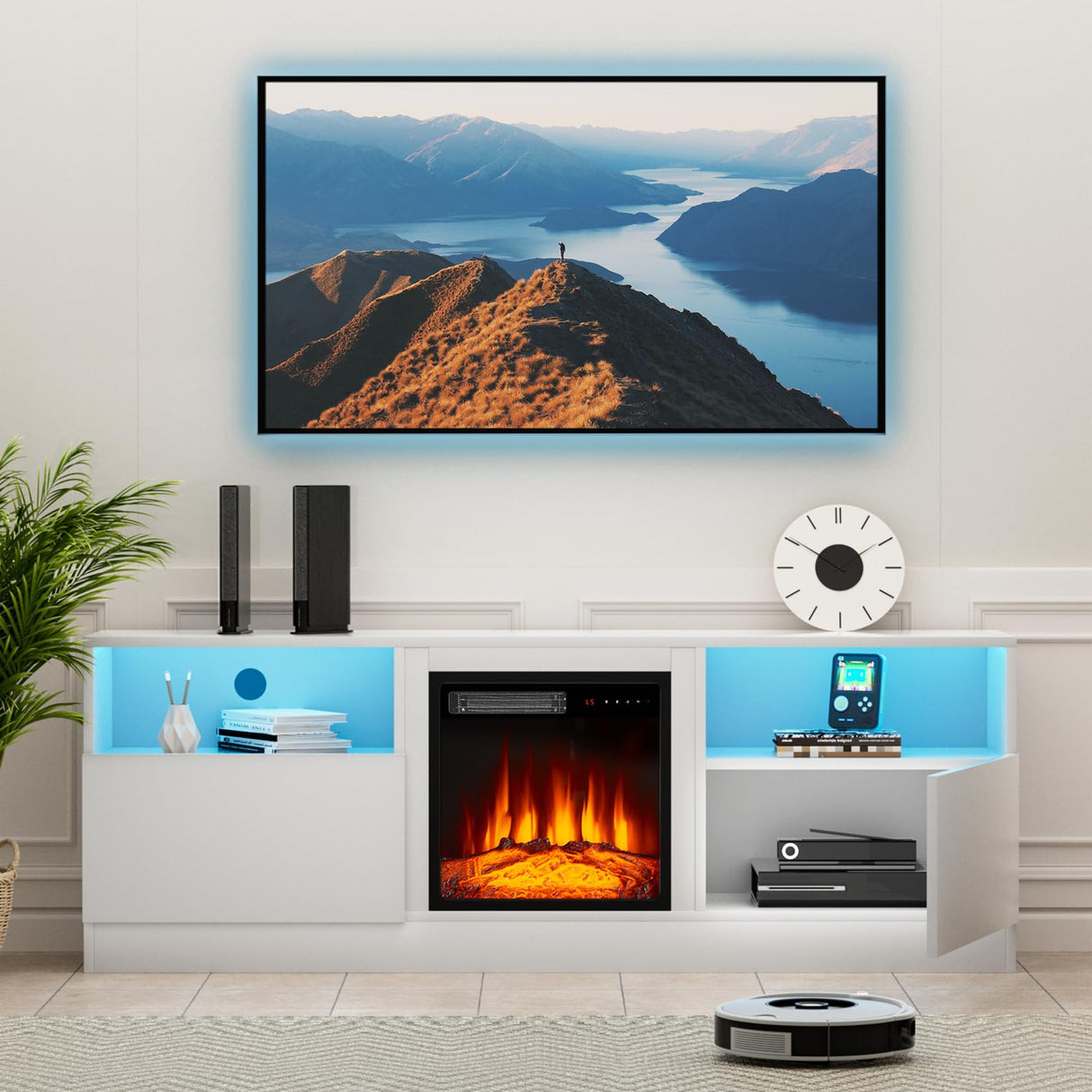 Fireplace TV Stand with 18" Electric Fireplace, LED Light Entertainment Center