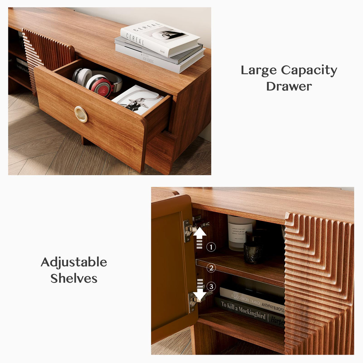 Inch TV, Mid Century Modern Entertainment Center with 4 Drawers,Storage Cabinet, Large Boho Media TV Console, 66 inch Long Television Stand for Living Roo