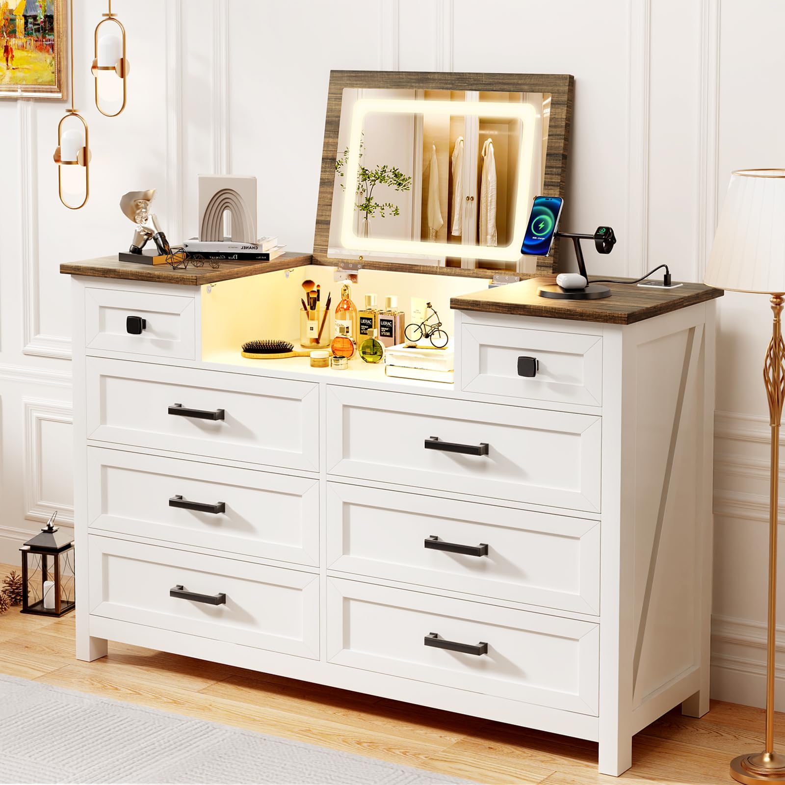 Chest of Drawers for Bedroom, 8 Drawer Dresser with Mirror, Charging Station