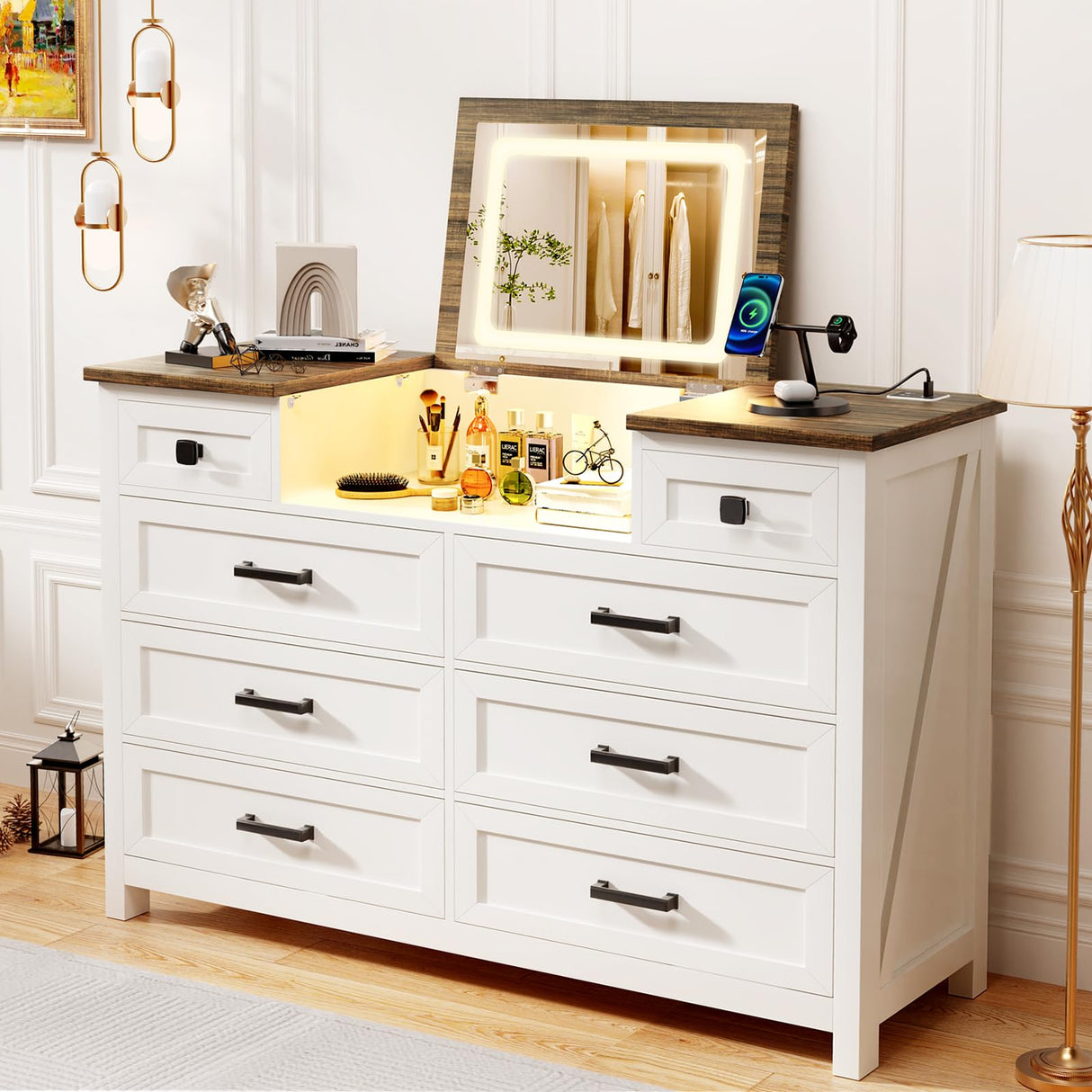 Chest of Drawers for Bedroom, 8 Drawer Dresser with Mirror, Charging Station