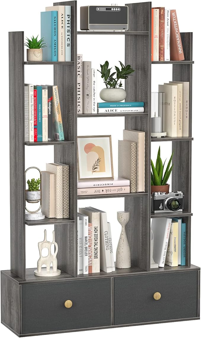 Book Shelf with 2 Drawers Free Standing Bookcase, Office Storage Shelf Organizer