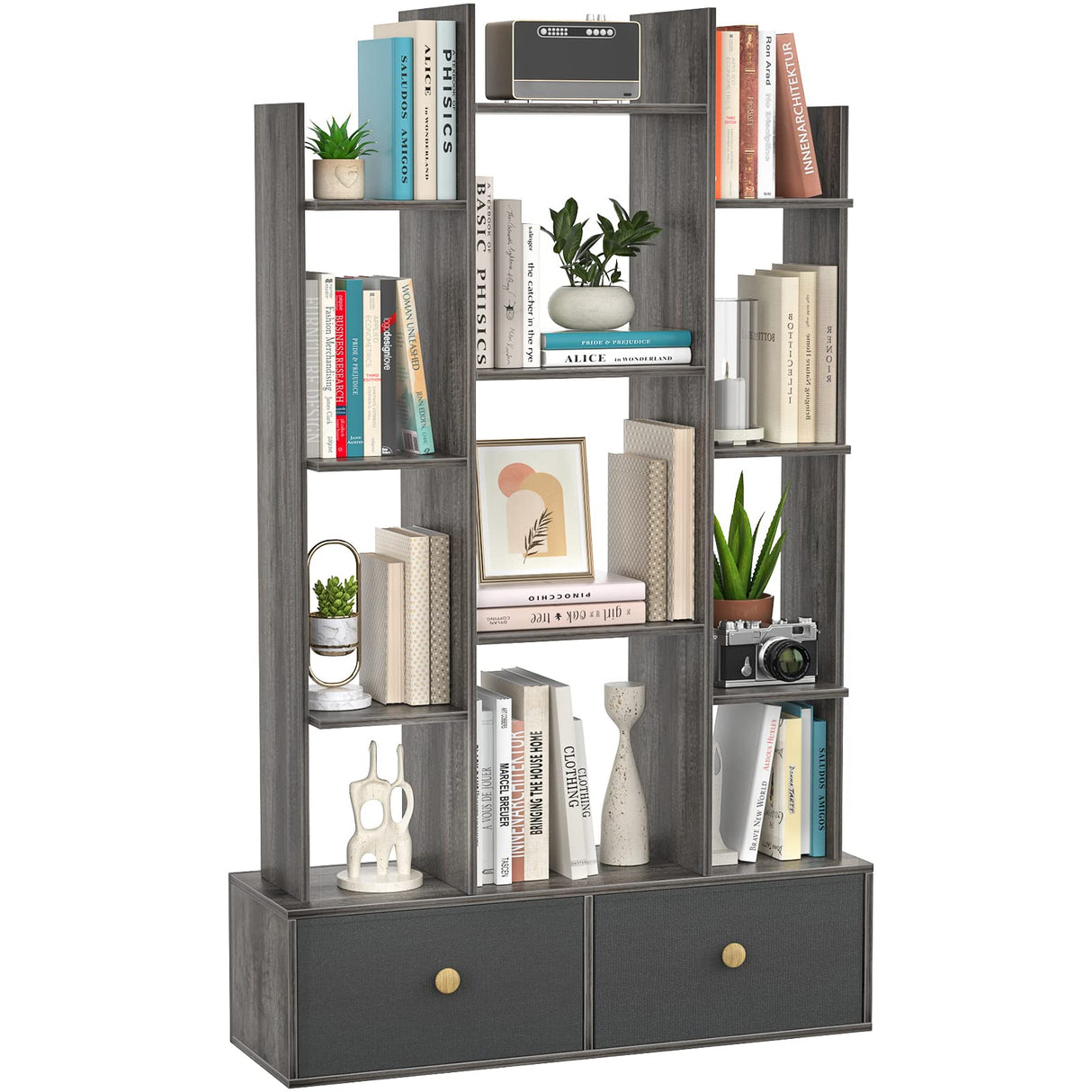 Book Shelf with 2 Drawers Free Standing Bookcase, Office Storage Shelf Organizer
