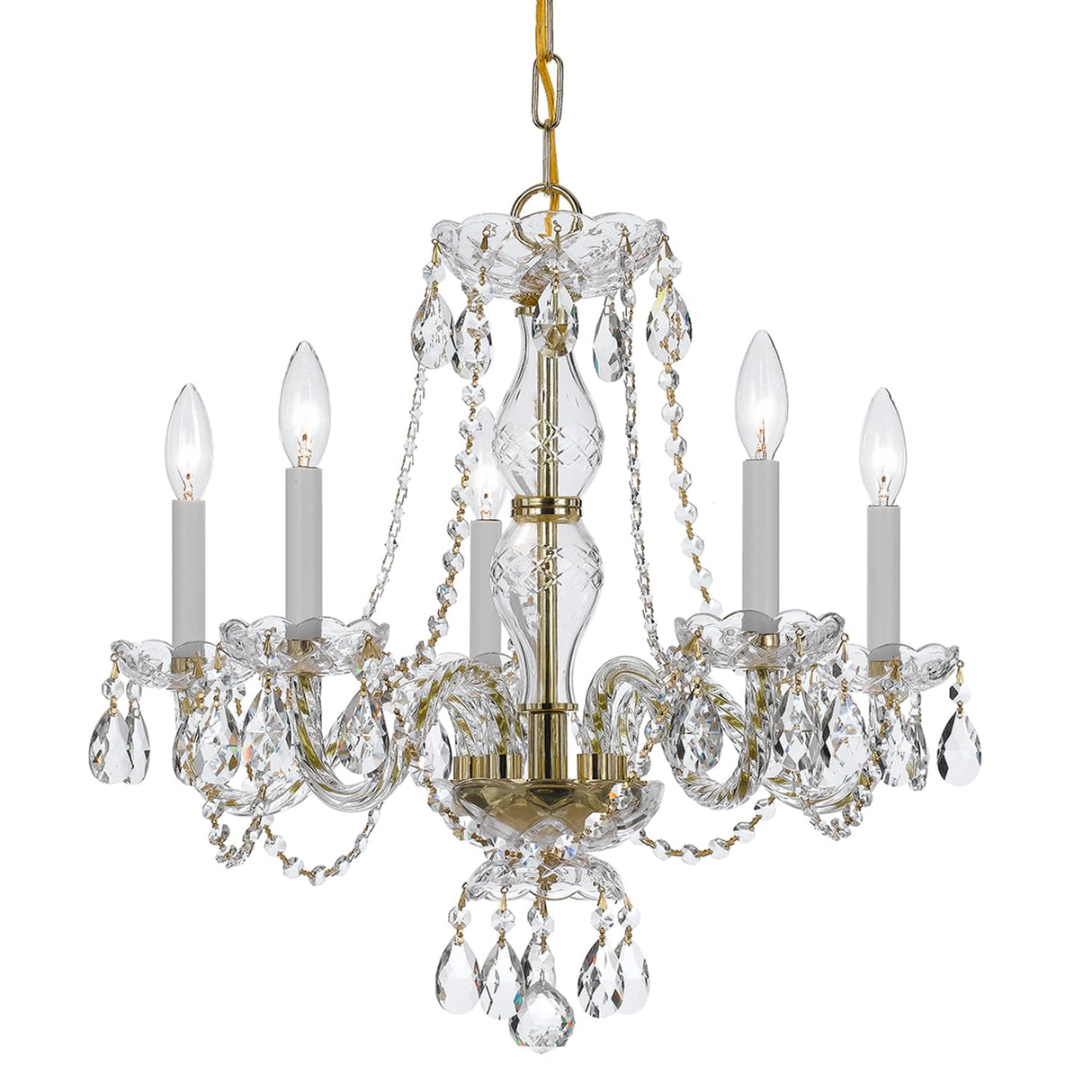 Traditional Crystal 5 Light Clear Italian Crystal Polished Brass Chandelier