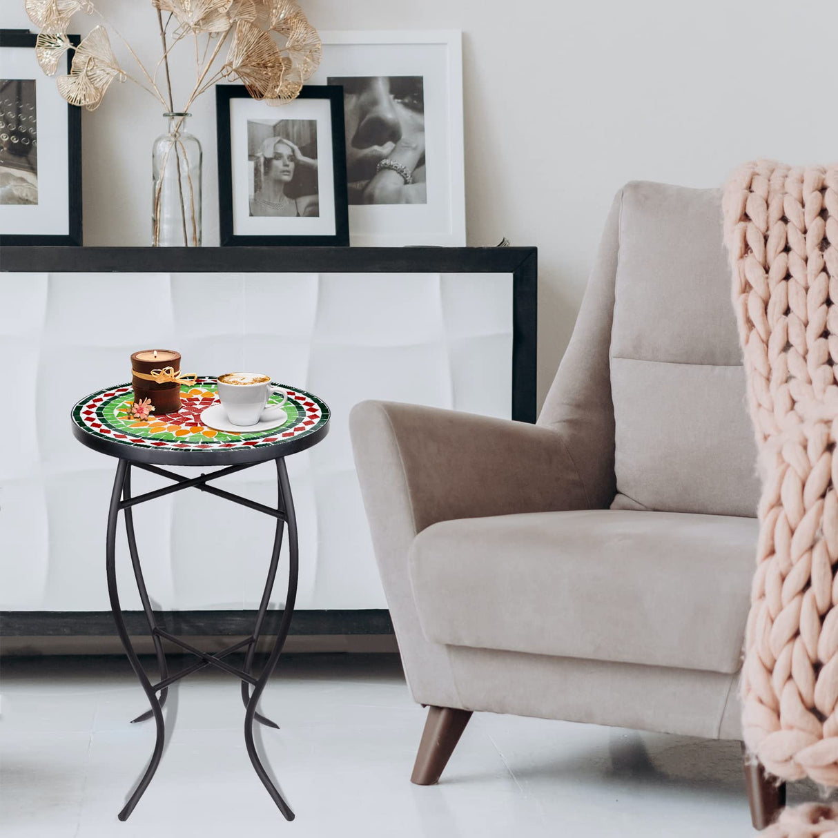 Mosaic Outdoor Side Table, 14" Round Folding Plant Stand for Patio Garden Backyard