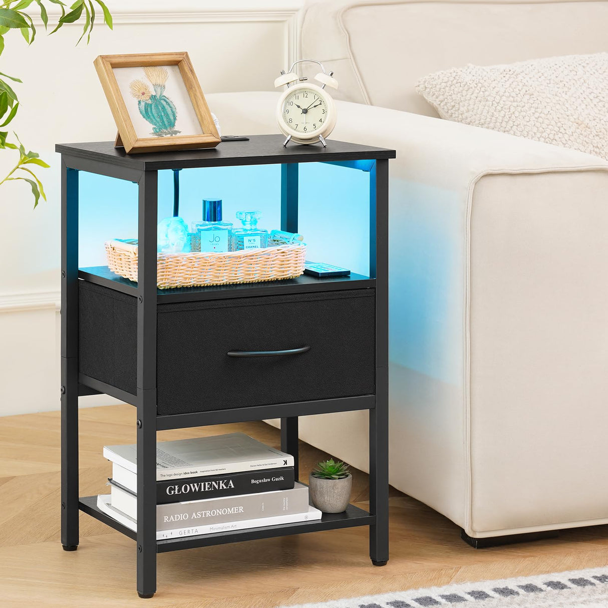 Side Table with Storage, LED Night Stand