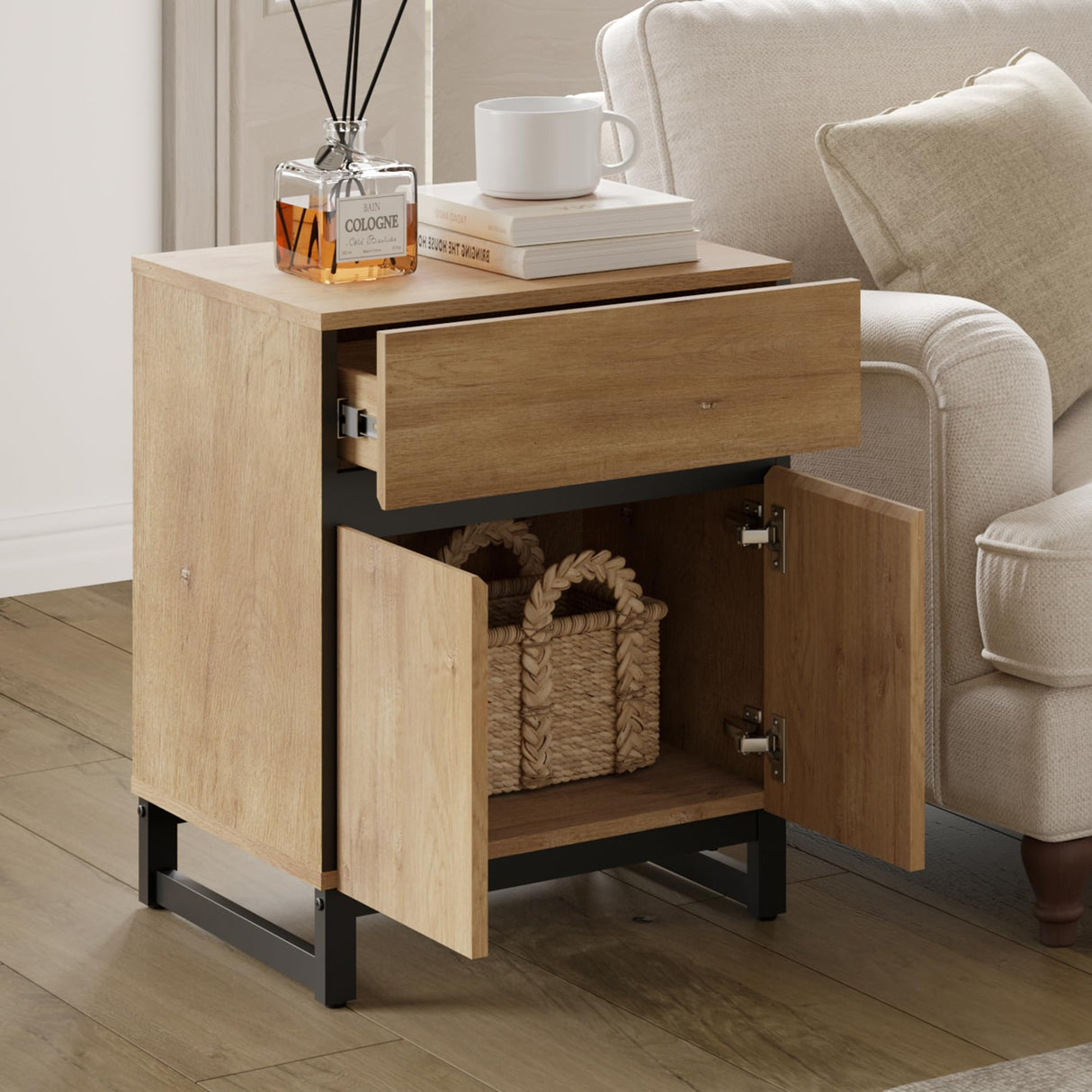 Nightstand with 1 Drawer & 1 Storage Cabinet