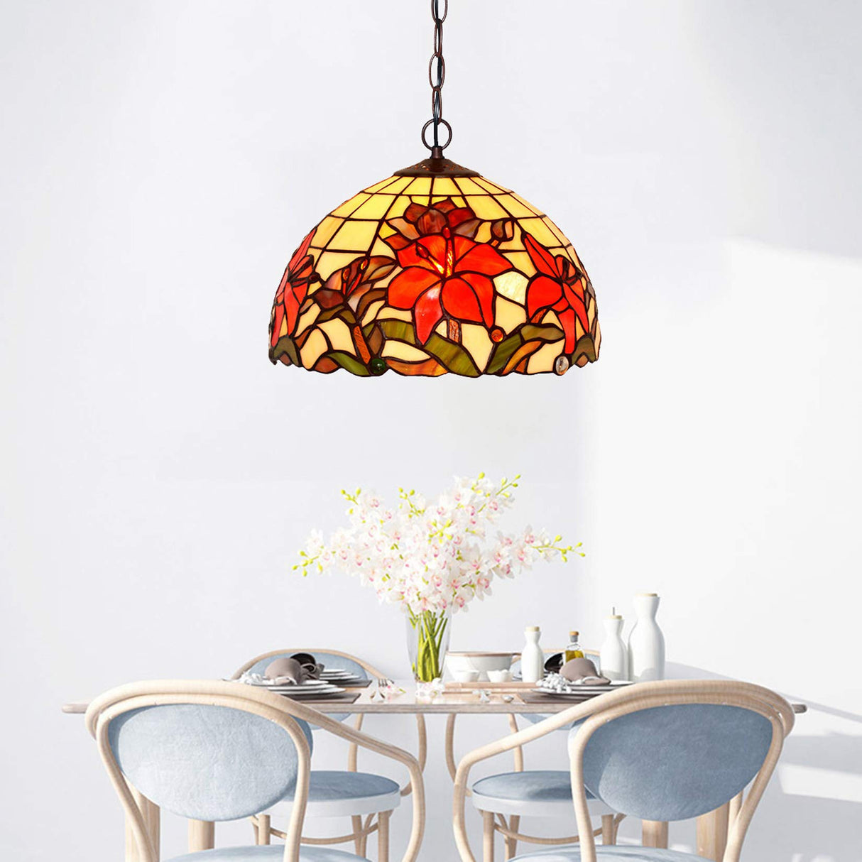 Tiffany Style Pendant Lights Pastoral Art Stained Glass Hanging Lamps Retro Floral