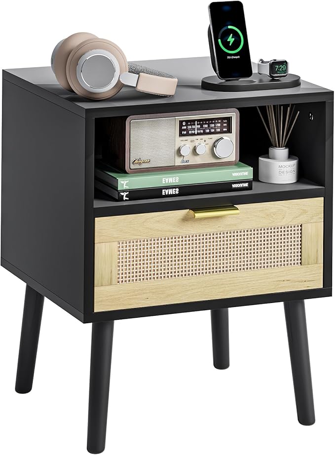 Rattan Black Nightstand, Modern Bedside Table with Storage Drawer and Open Shelf