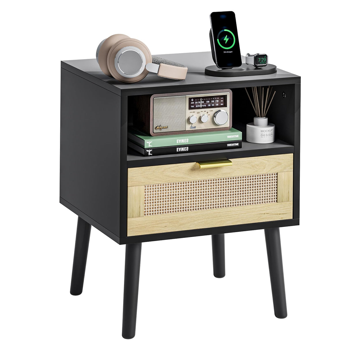 Rattan Black Nightstand, Modern Bedside Table with Storage Drawer and Open Shelf