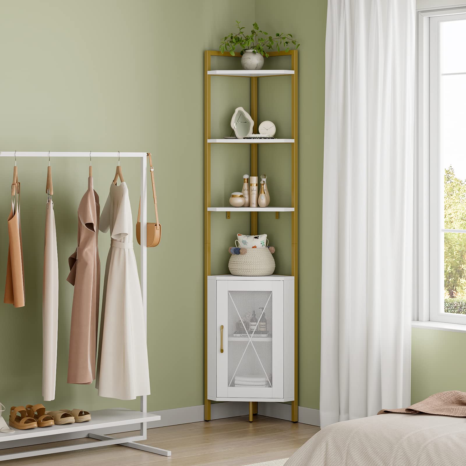 71" Tall Corner Shelf, 6-Tier Corner Bookcase, Gold Bookshelf with Storage Cabinet, Modern Display Shelf, Free Standing Storage Rack Plant Stand for Living Room, Home Office, White