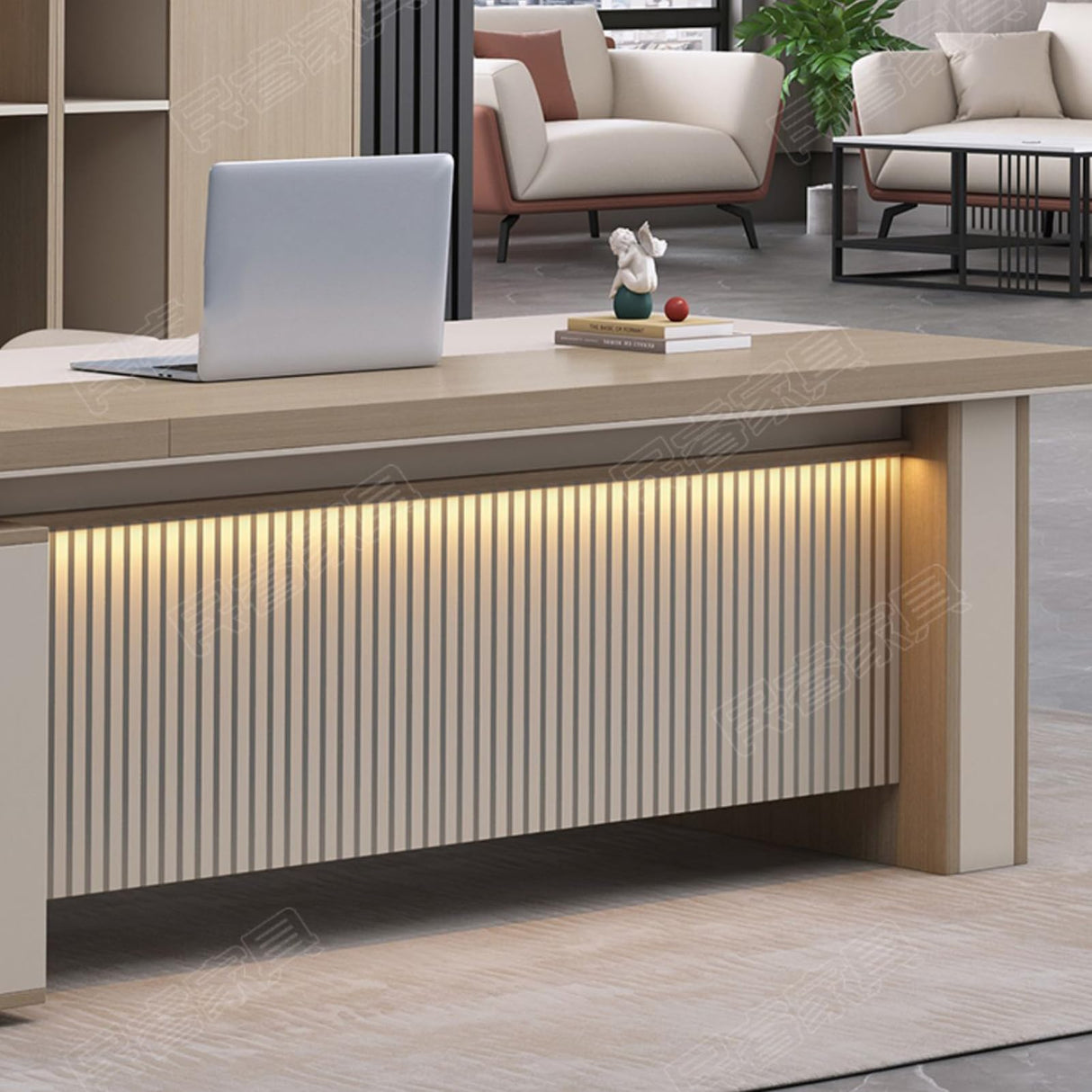 Office Table with Cabinet Wood Office Desk with Light Strip, L Shaped Executive Desk