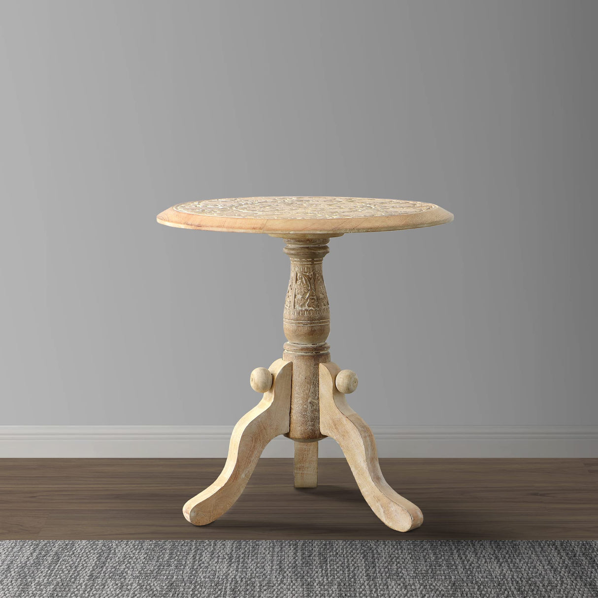 Intricately Carved Round Top Mango Wood Side End Table with Pedestal Base