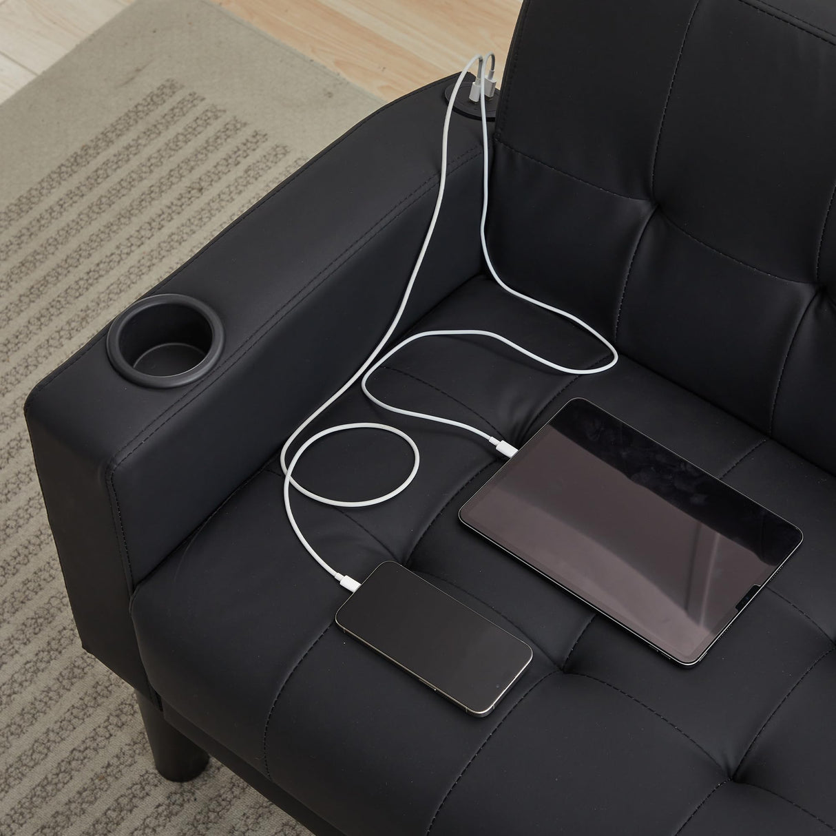 Sofa Couch 62" W Loveseat w/ 2 USB Charger Ports & 2 Cupholder