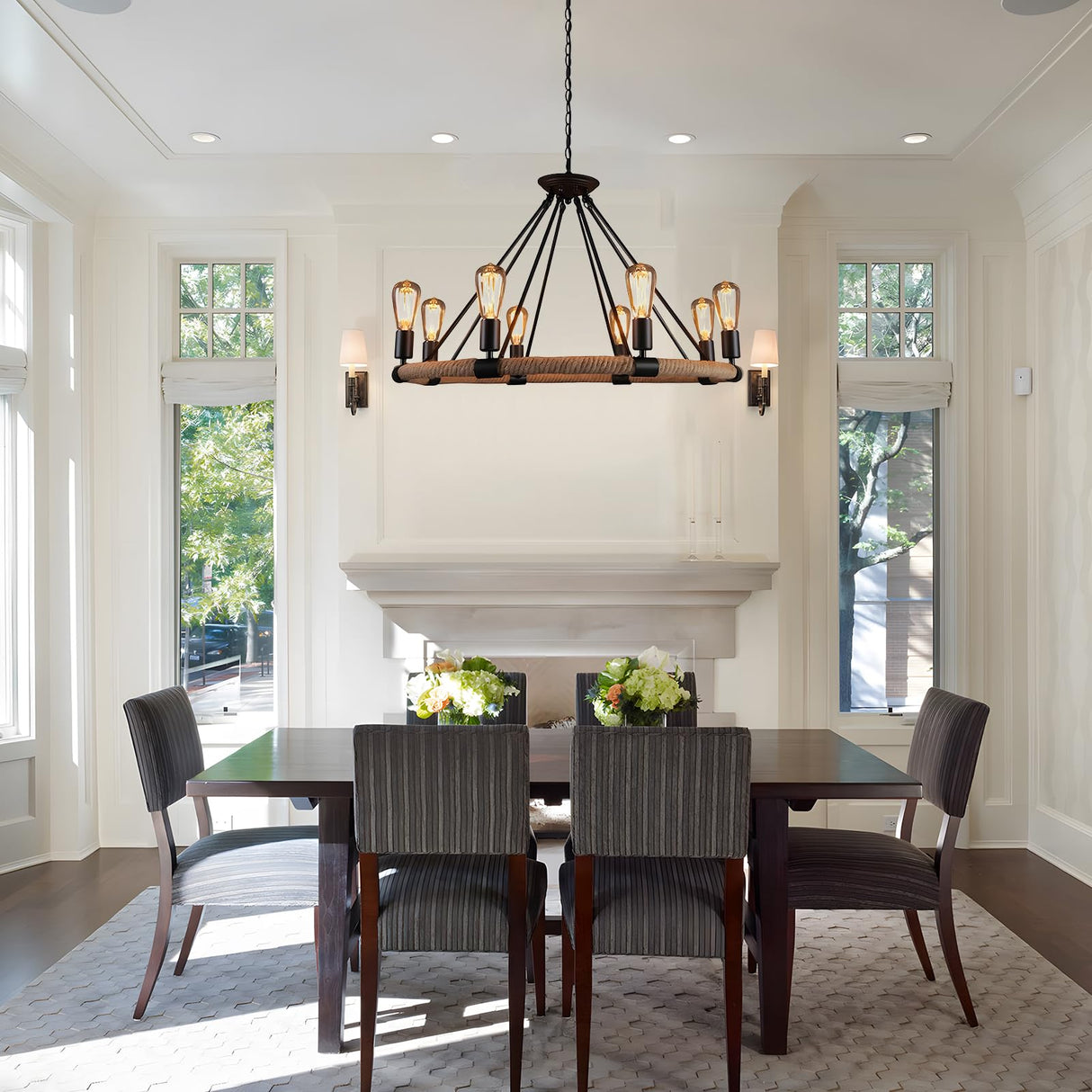 8-Light Wagon Wheel Chandelier, 83.6" Height Adjustable Hemp Rope Farmhouse Chandelier