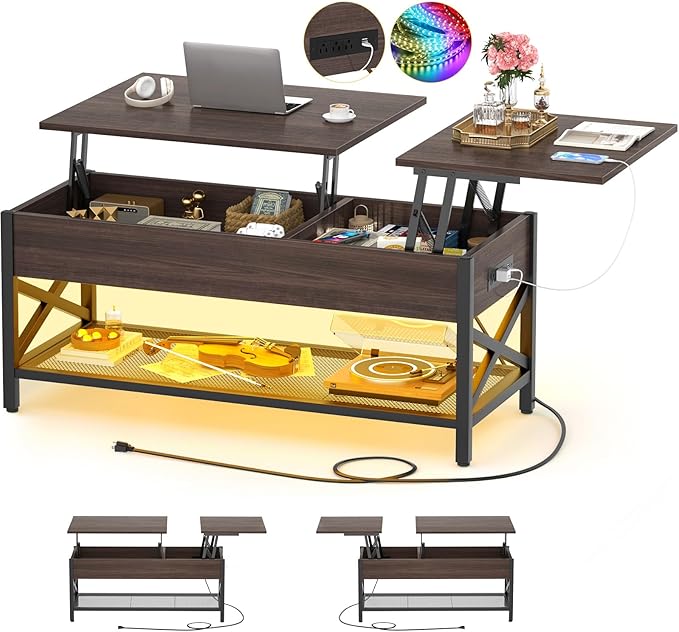 Coffee Table, Lift Top Coffee Table with LED Light and Power Outlet