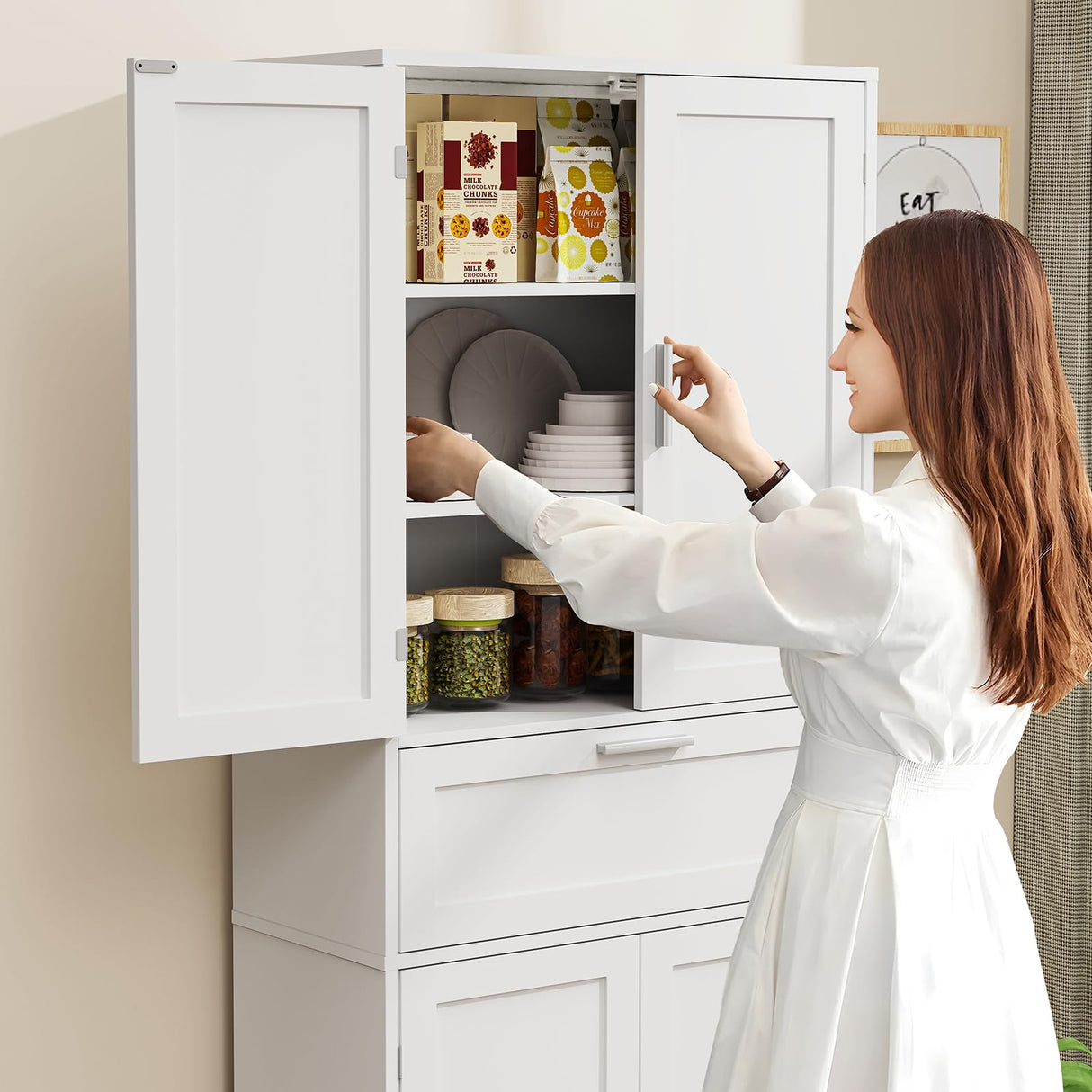 H Tall Storage Cabinet, Pantry Cabinet with 1 Large Drawer & 2 Adjustable Shelves,Tall Cabinet, Freestanding Cupboard