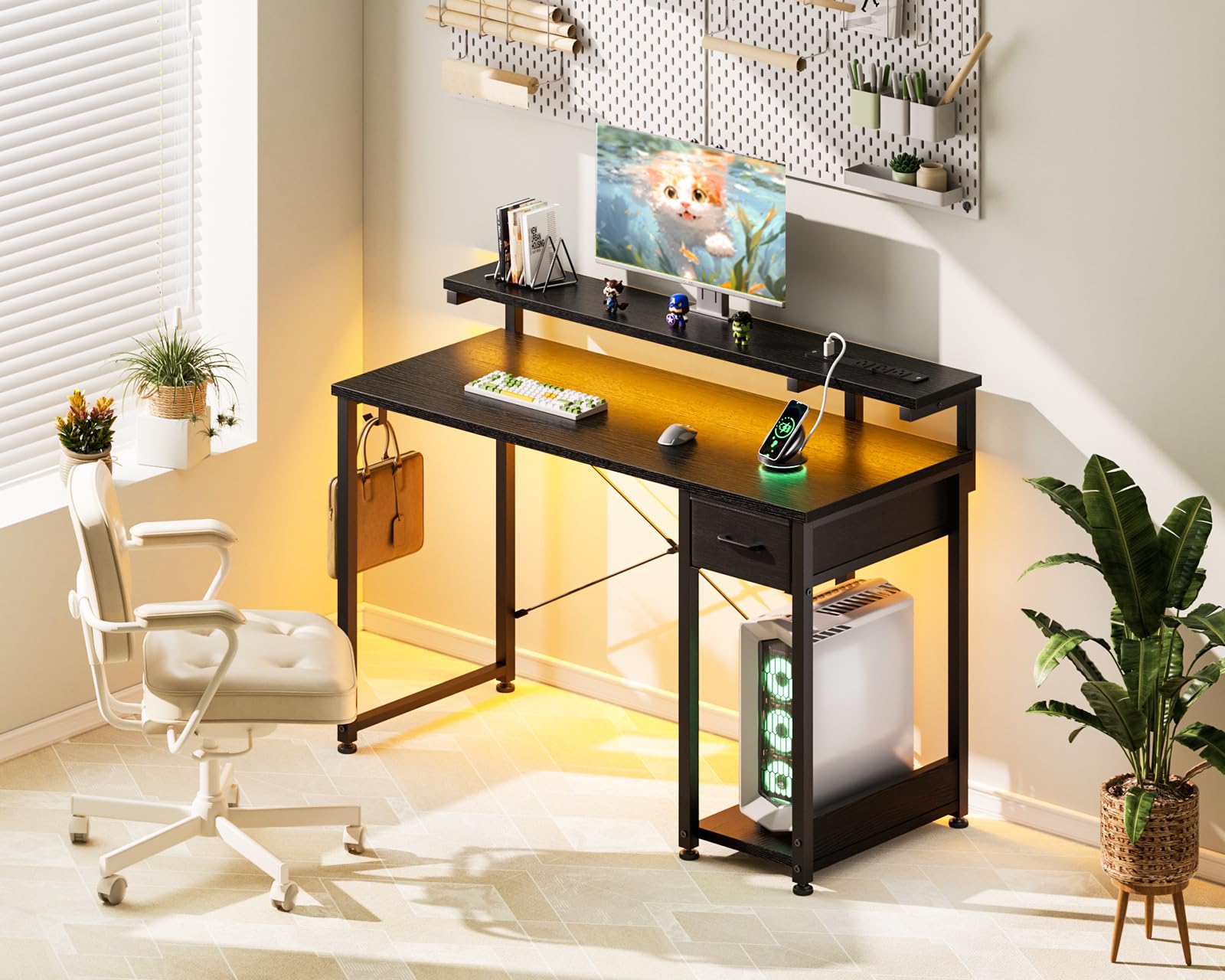 Gaming Desk with LED Lights & Power Outlet, 40 Inch Computer Desk with Drawer