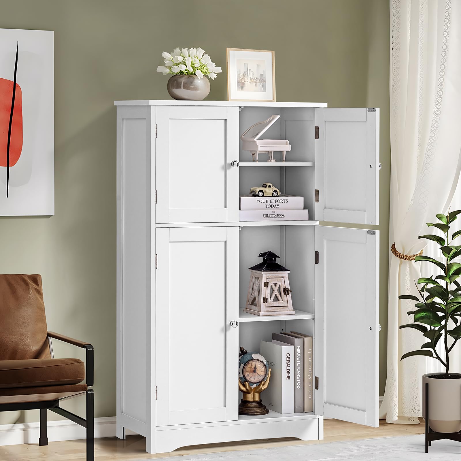 Cabinet, Storage Cabinet with 2 Adjustable Shelves, Bathroom Floor Cabinet with 4 Doors,