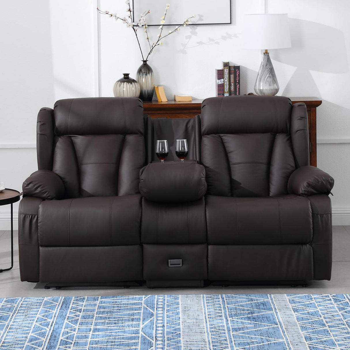 Loveseat Recliner RV Sofa – Manual Reclining Sofa with Console, Cup Holders & USB