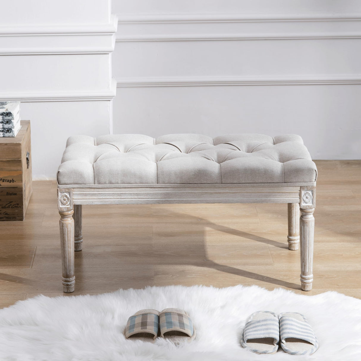 Upholstered Fabric Entryway Bench, Tufted Piano Bench for 2 People, Rubber Wood