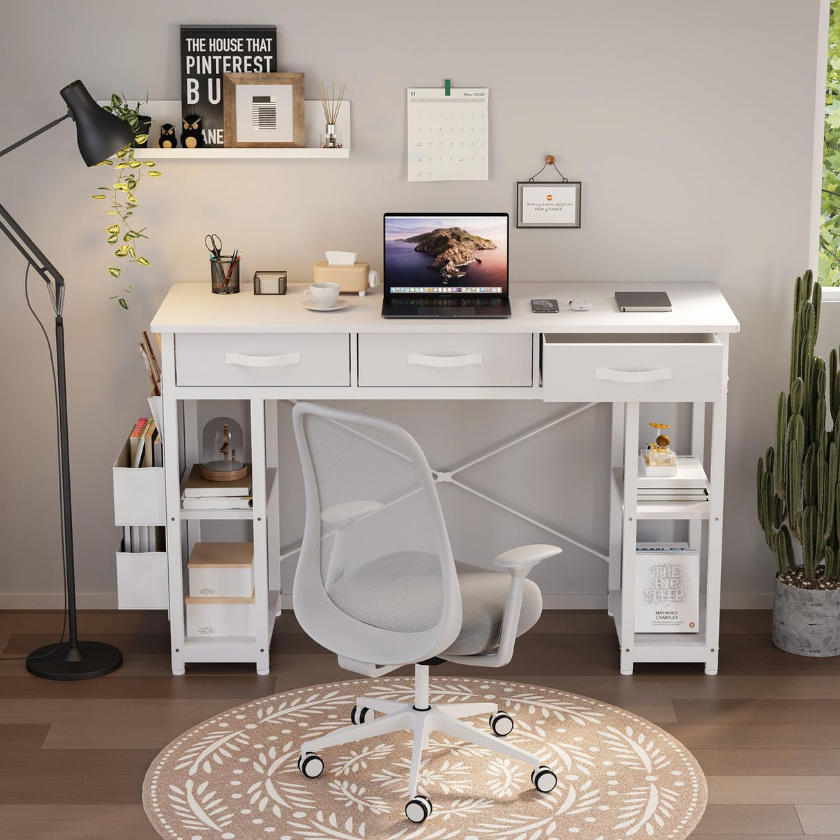 47" White Computer Desk with Fabric Drawers & Storage Shelves, Small Office Desk