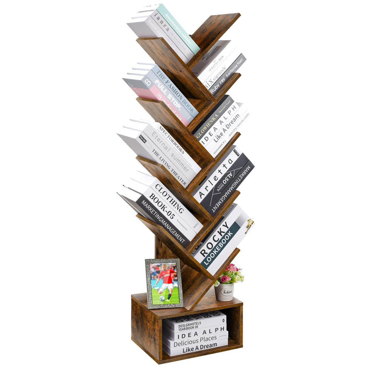 8 Tier Tree Bookshelf, Retro Floor-Standing 8 Shelf Bookcase Storage Rack